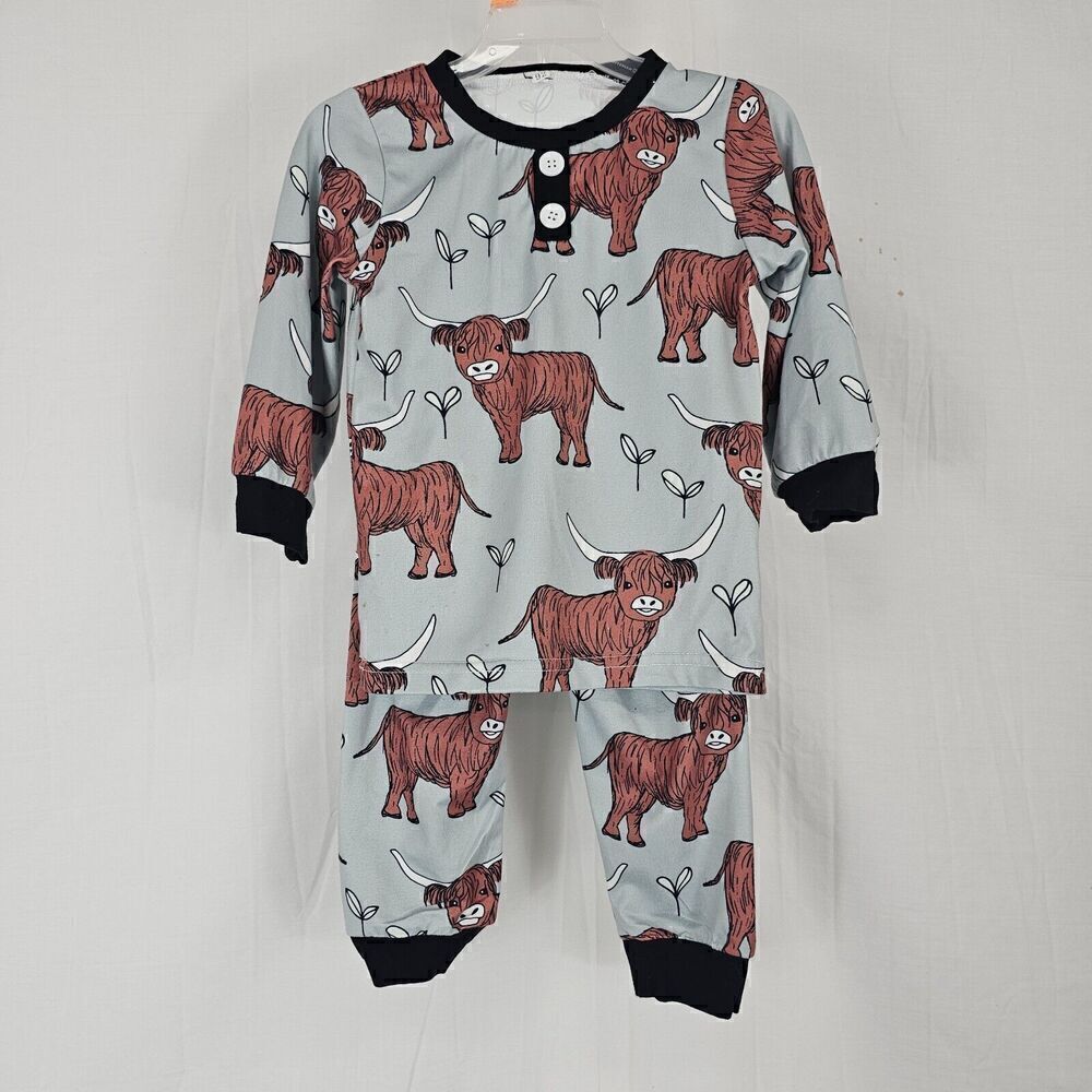 Highland Cow Pajama Blue/gray With Black Trim Brown Cow Print Pajama Set Size 92